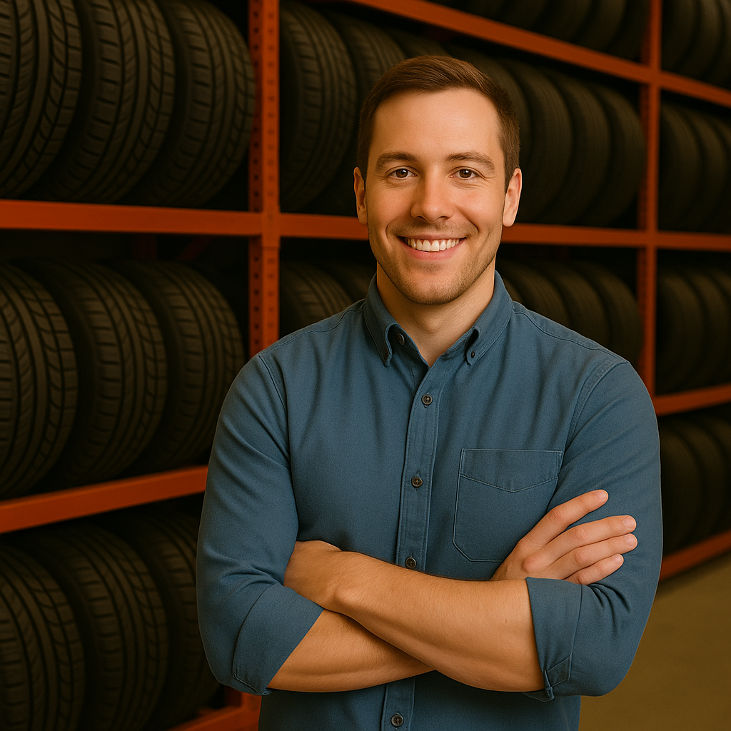 Tire storage specialist in front of organized tire racks